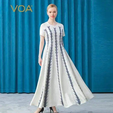VOA真丝重磅38姆米茉莉白色织提花条纹绣花对丝短袖桑蚕丝长裙图片