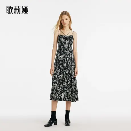 歌莉娅连衣裙女春季新款设计感黑白印花吊带裙气质长裙1C2R4K640图片