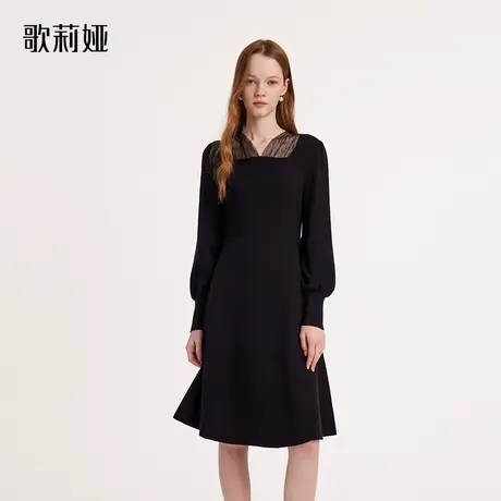 歌莉娅长袖连衣裙女冬季新款天丝羊毛泡泡袖气质小黑裙图片