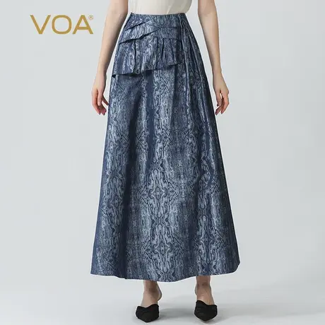 VOA青蓝色23姆米色织提花真丝不对称塔克褶大摆型夏季古典半身裙图片