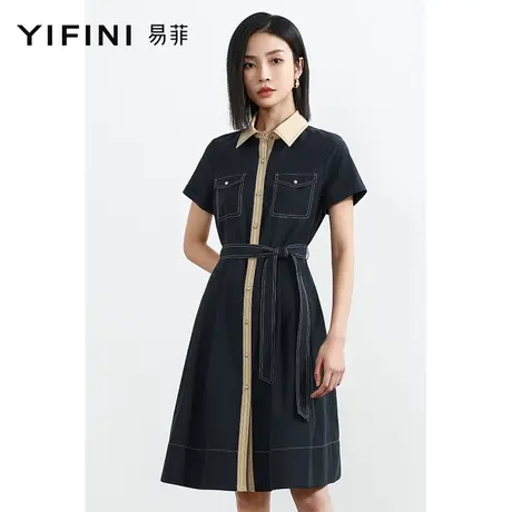 Yifini/易菲法式复古短袖中长款连衣裙女2023夏季新款显瘦衬衫裙图片