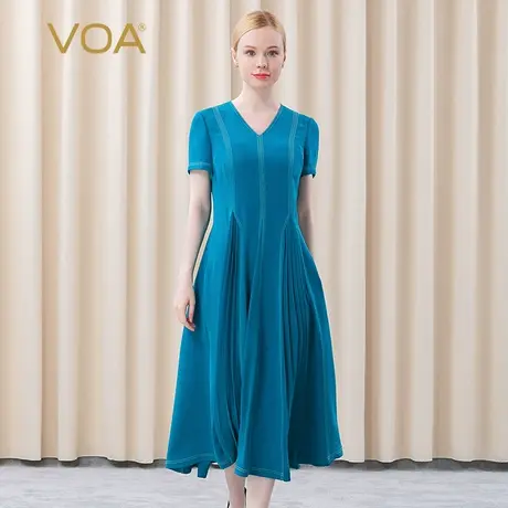 VOA30姆米重磅真丝青蓝色鸡心领短袖白线装饰插褶桑蚕丝连衣裙图片