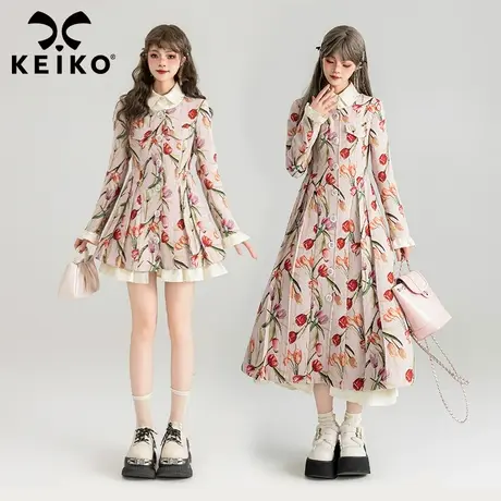 KEIKO 高端郁金香提花料假两件连衣裙春季法式气质显瘦开襟裙子图片