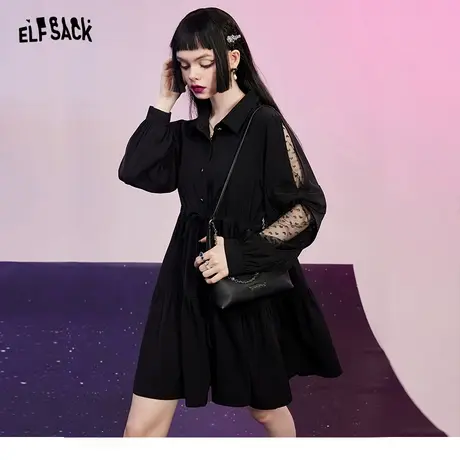 妖精的口袋黑色polo领连衣裙女2023秋季新款小黑裙长袖气质高级感商品大图