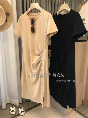 2021夏季新款韩版ins潮设计感小众t恤裙女褶皱气质短袖纯色连衣裙图片