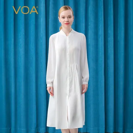 VOA重磅真丝白色立领单排扣不对称拼接淑女立体褶皱桑蚕丝连衣裙图片