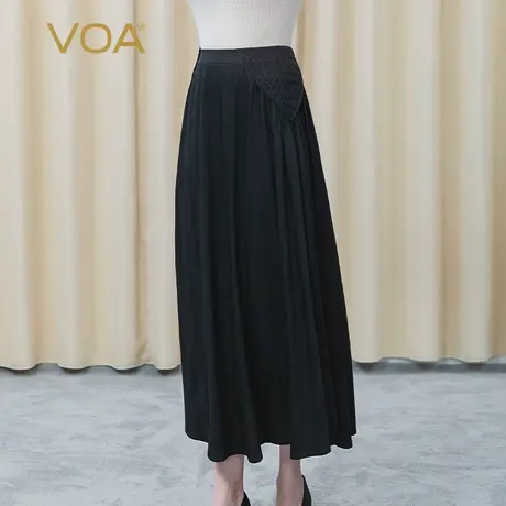 VOA丝绸弹力斜纹自然腰神秘黑立体编织装饰褶皱桑蚕丝半身长裙图片