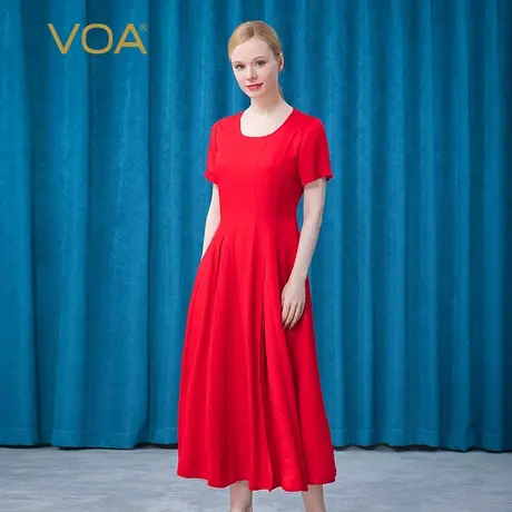 VOA真丝暗纹提花红色圆领短袖镂空立体压褶大摆淑女桑蚕丝连衣裙图片