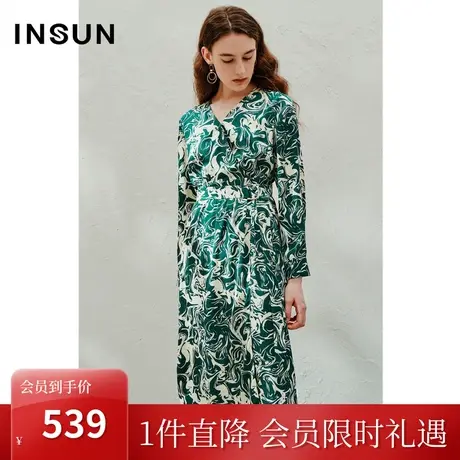 恩裳2023年春季新款艺术手绘绿色波浪纹理印花法式连衣裙图片