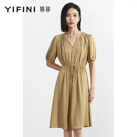 Yifini/易菲法式复古短袖收腰气质连衣裙女2023夏季新款中长款裙图片