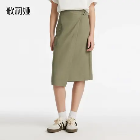 歌莉娅工装半身裙春季新款气质军绿色高腰不规则半截裙1C3J2B210图片