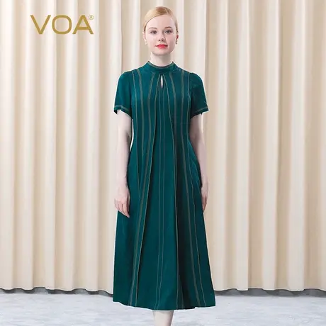 VOA真丝提花孔雀绿撞色拱针镂空半高领短袖对丝淑女桑蚕丝连衣裙图片
