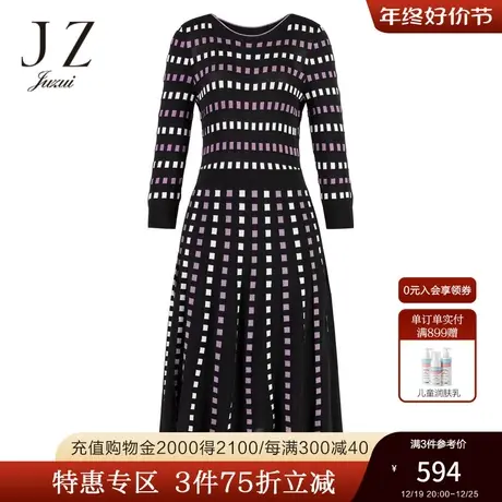 JZ玖姿秋季简约通勤套头圆领格黑长袖X型中长裙图片