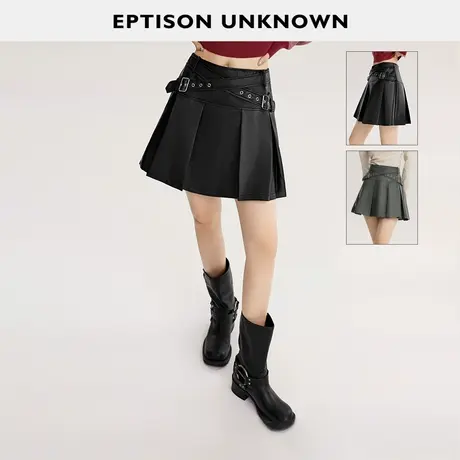 【小乐专享】EPTISON半身裙女小个子百褶裙黑色甜酷a字短裙皮裙图片