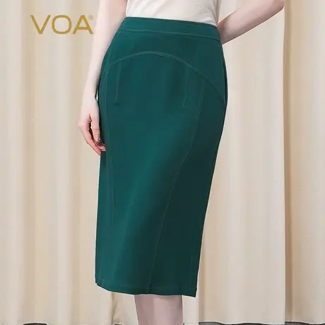 VOA60姆米真丝重磅墨绿长空明线装饰下摆开叉包臀桑蚕丝半身裙图片