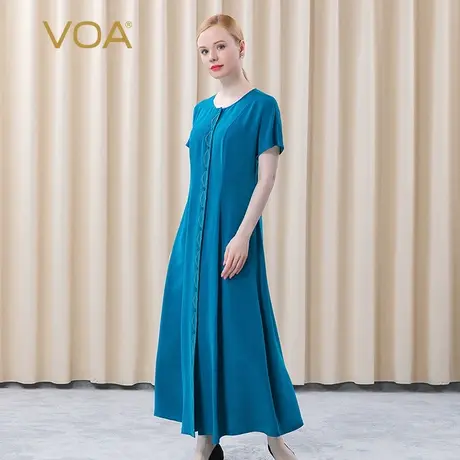VOA青蓝真丝重磅30姆米连肩短袖单排扣明线拱针淑女桑蚕丝连衣裙图片