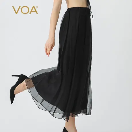 VOA暗黑100%纯桑蚕丝挺括自然腰工字褶真丝蓬蓬长款半身裙夏季图片