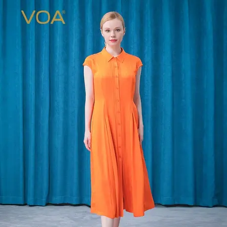 VOA橙黄真丝暗纹提花包肩袖直筒褶皱设计POLO领淑女桑蚕丝连衣裙图片