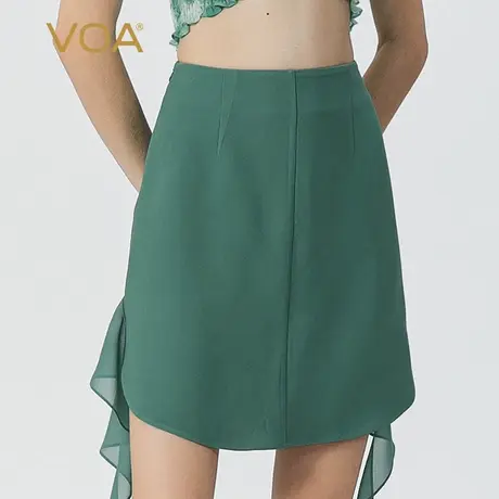 VOA碧绿色60姆米重磅长空真丝自然腰拼接乔其丝绸短款桑蚕丝半裙图片
