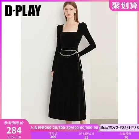 DPLAY2023秋装法式复古名媛黑色方领高级感丝绒连衣裙小黑裙礼服图片