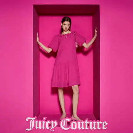 Juicy Couture橘滋女装新款甜美系带绣花宽松泡泡袖玫红连衣裙图片