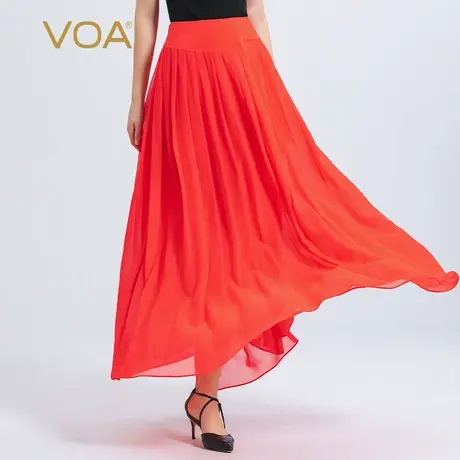 VOA真丝乔其纱树莓红自然腰双层立体褶皱大摆性感桑蚕丝半身裙图片
