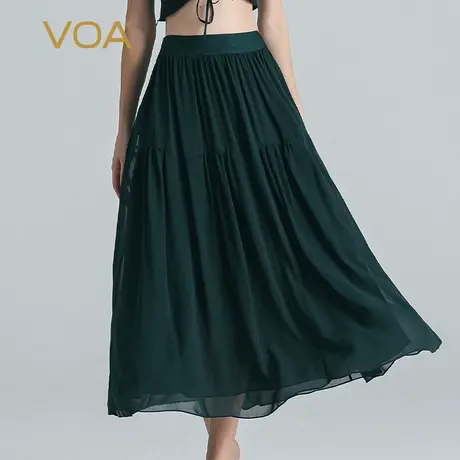 VOA孔雀绿双层乔其桑蚕丝拼接提花丝绸自然腰大摆型飘逸半身裙图片