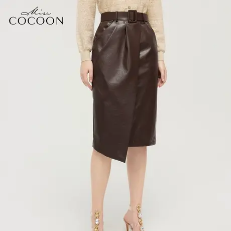 【秋上新】missCOCOON老钱风2023秋新款不规则高腰包臀棕色皮裙图片