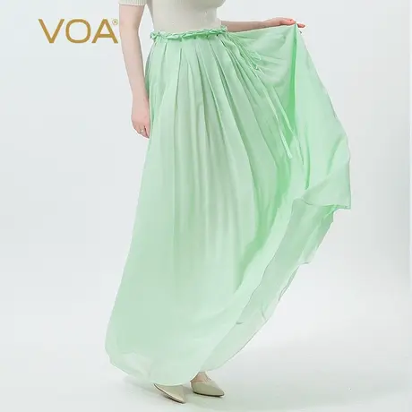 VOA真丝乔其豆绿色自然腰褶皱侧面隐形拉链文艺双层桑蚕丝半身裙图片