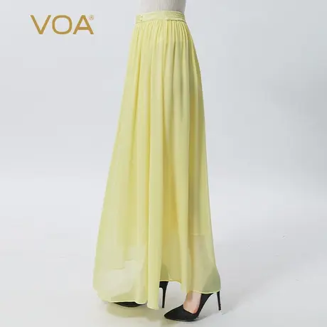 VOA真丝乔其鹅黄色自然腰牛筋弹力收口褶皱钉珠桑蚕丝半身长裙图片