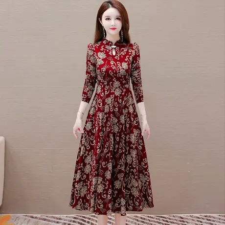 妈妈时尚旗袍中式连衣裙2023新款冬季订婚结婚敬酒礼服裙长袖红色图片