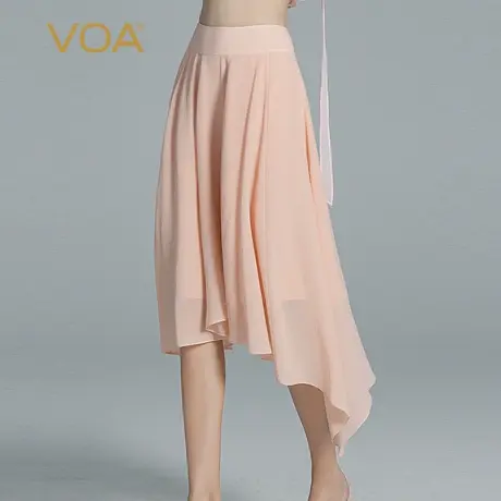 VOA藕粉色双层桑蚕丝自然腰不对称裙摆显瘦温柔风百搭真丝半身裙图片