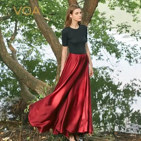 VOA真丝重磅40姆米双面缎自然腰酒红色大摆优雅桑蚕丝半身长裙图片