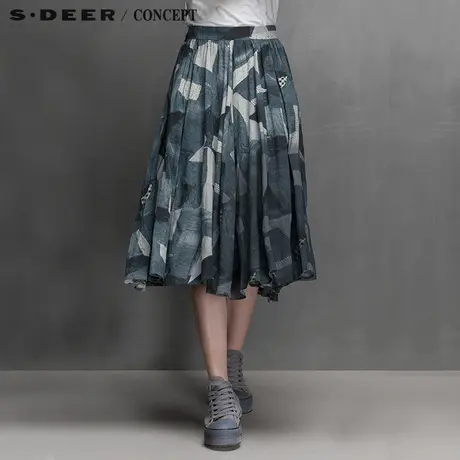 sdeer圣迪奥典雅清新藏青色几何色块半身裙S15281124商品大图