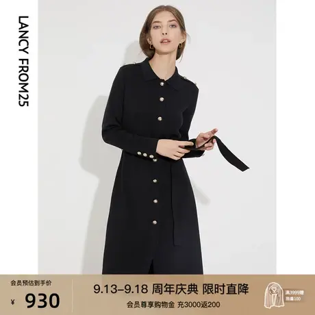 朗姿秋季新款羊毛Polo领针织连衣裙法式复古长袖气质黑色裙子女图片