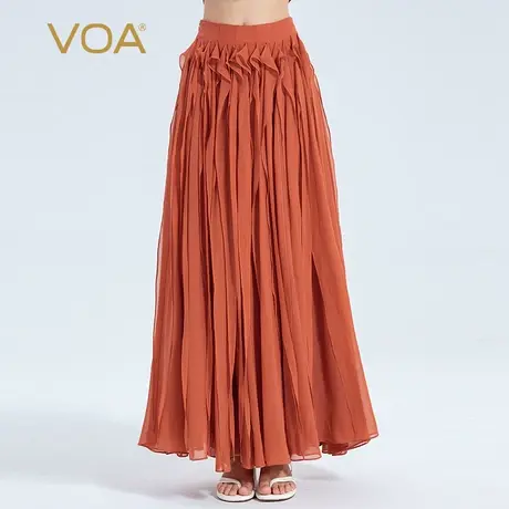 VOA真丝三层乔其锈红色斜插口袋立体活页设计飘带装饰飘逸半身裙图片