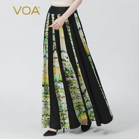 VOA真丝双面缎40姆米重磅自然腰撞色拼接褶皱大摆桑蚕丝半身裙图片
