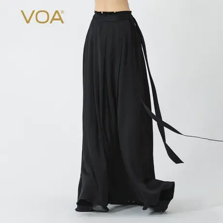VOA靓丽黑双面缎重磅桑蚕丝木耳边自然腰气质垂顺真丝半身裙夏图片