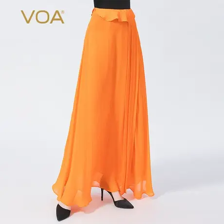 VOA真丝乔其纱桔黄色自然腰提花撞料拼接明褶皱桑蚕丝半身长裙图片