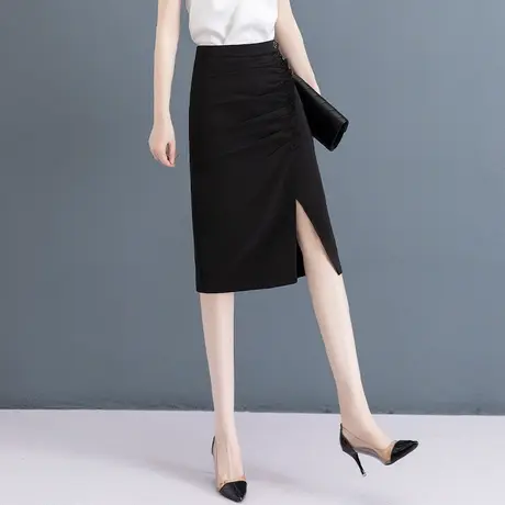 设计感半身裙女夏2023年中长款高腰黑色直筒裙不规则开叉包臀中裙图片
