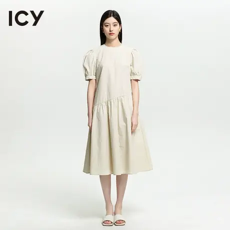 icy2023夏季新款女装简约气质纯色宽松显瘦纯棉灯笼袖连衣裙商品大图