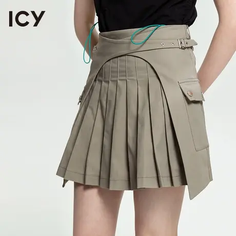 icy2023夏工装风不对称围裹假两件百褶半身短裙【OUT OF CHAOS】图片