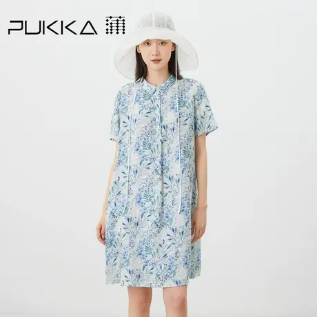蒲PUKKA 原创设计2023夏季新品亚麻印花短袖A型小个子连衣裙图片