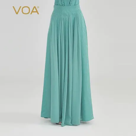 VOA桑蚕丝暗纹提花22姆米椰蓝连腰拱针工艺明线装饰侧口袋半身裙图片