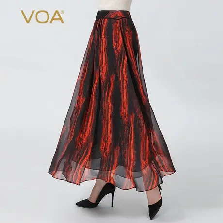 VOA真丝乔其自然腰红色烈焰印花拼接侧拉褶皱大摆桑蚕丝半身长裙图片