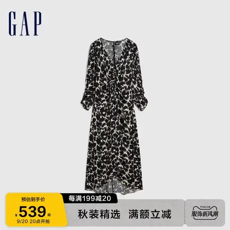 Gap女装秋季2023新款法式气质印花V领长袖连衣裙792429复古洋装图片