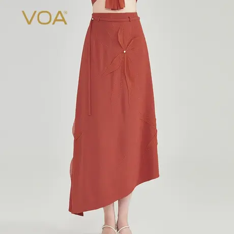 VOA重磅真丝长空可拆卸飘带钉珠装饰拱针工艺不对称开叉半身裙女图片