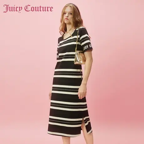 Juicy Couture橘滋2024早春穿搭新款刺绣粗细宽条纹气质连衣裙子图片