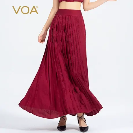 VOA真丝22姆米暗纹提花落霞红侧插袋风琴褶设计简约百搭半身裙女图片