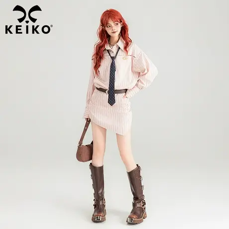 KEIKO纯欲风粉色条纹衬衫裙2024春夏不规则性感显瘦包臀短裙子ins图片